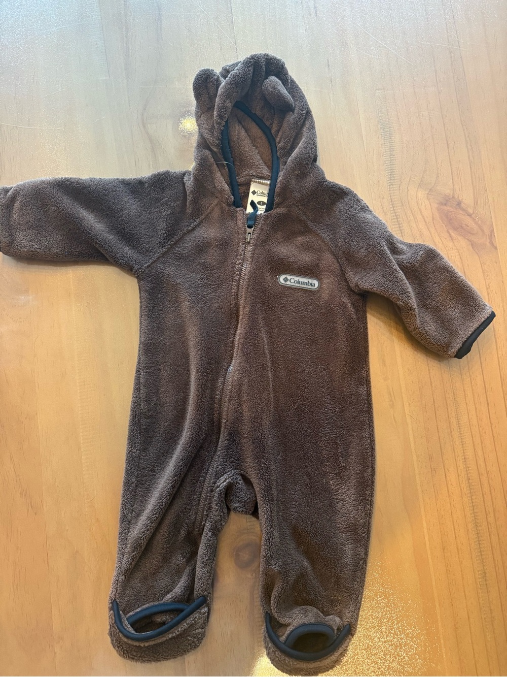 Columbia Brown Plush Hooded Baby One-Piece Footed Romper